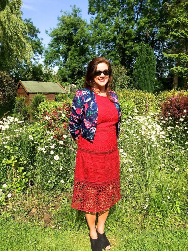 Floral jacket with red dress