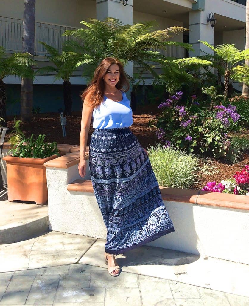 Blue silk top and maxi skirt 