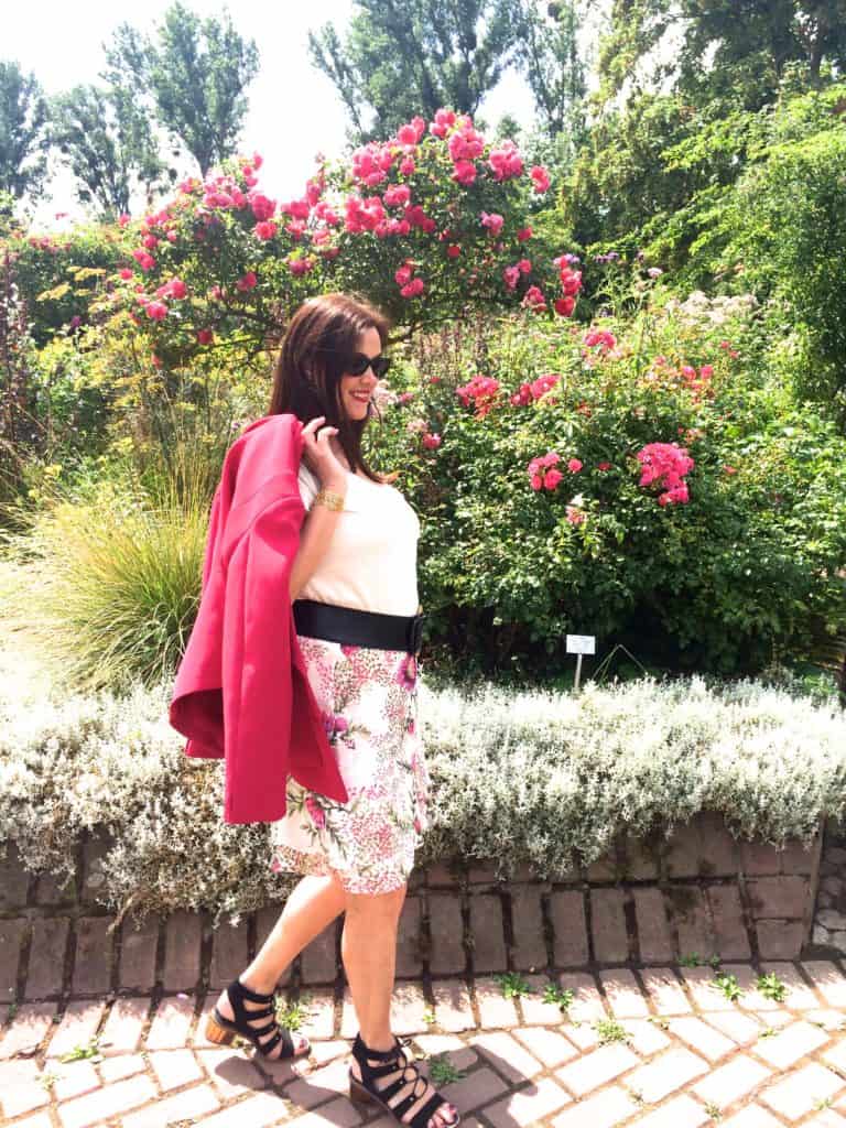 Pink jacket and floral skirt