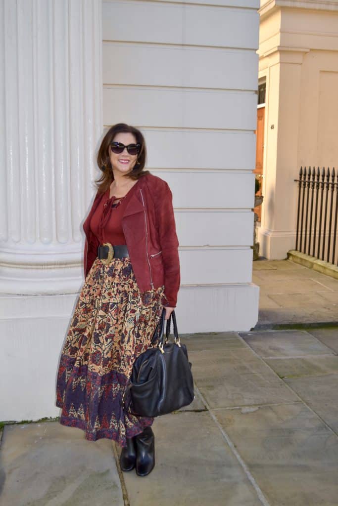 Red biker jacket and floral skirt