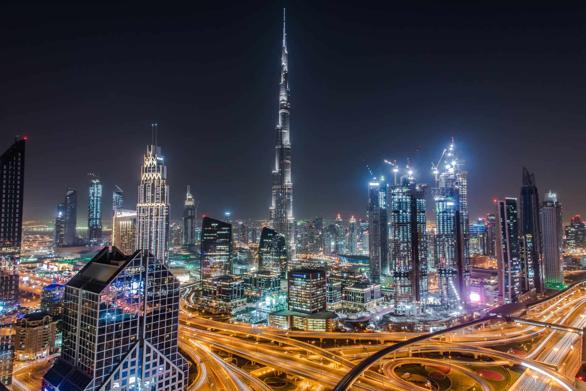 city skyline during night time