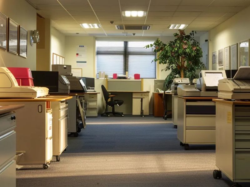 An office space featuring traditional fax machines, highlighting the environmental impact of paper use compared to online faxing, which offers significant environmental and cost benefits.