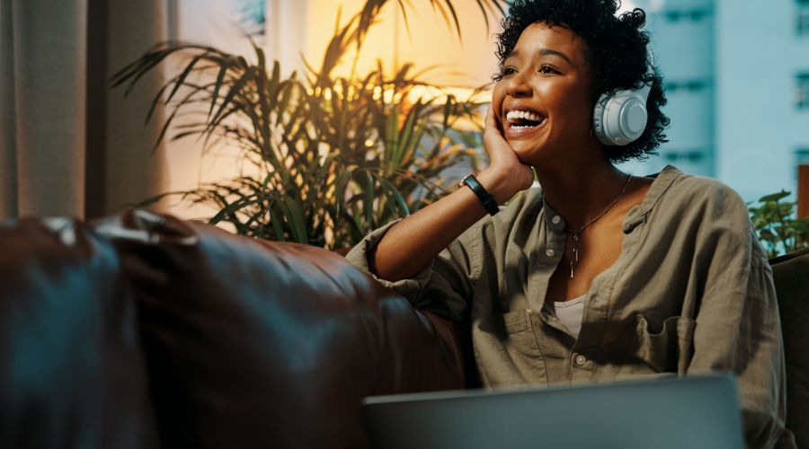 Woman listening to podcast