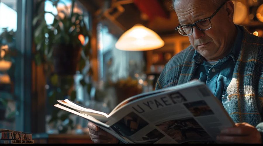 Man reading magazine in restaurant 