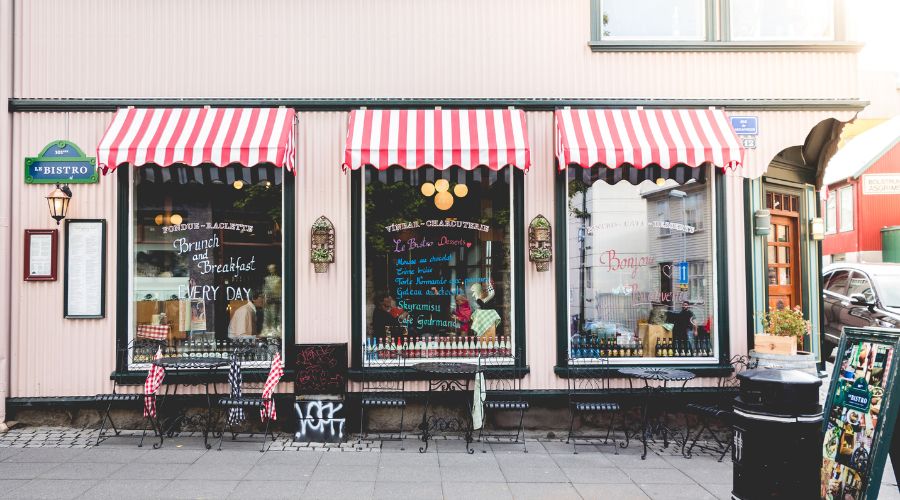 Bistro with striped awnings